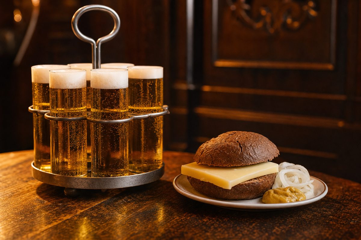 Holztisch in einem Kölner Brauhaus mit mehreren schlanken Kölschgläsern im Kranz, daneben ein Roggenbrötchen mit Käse und Senf, warmes Licht