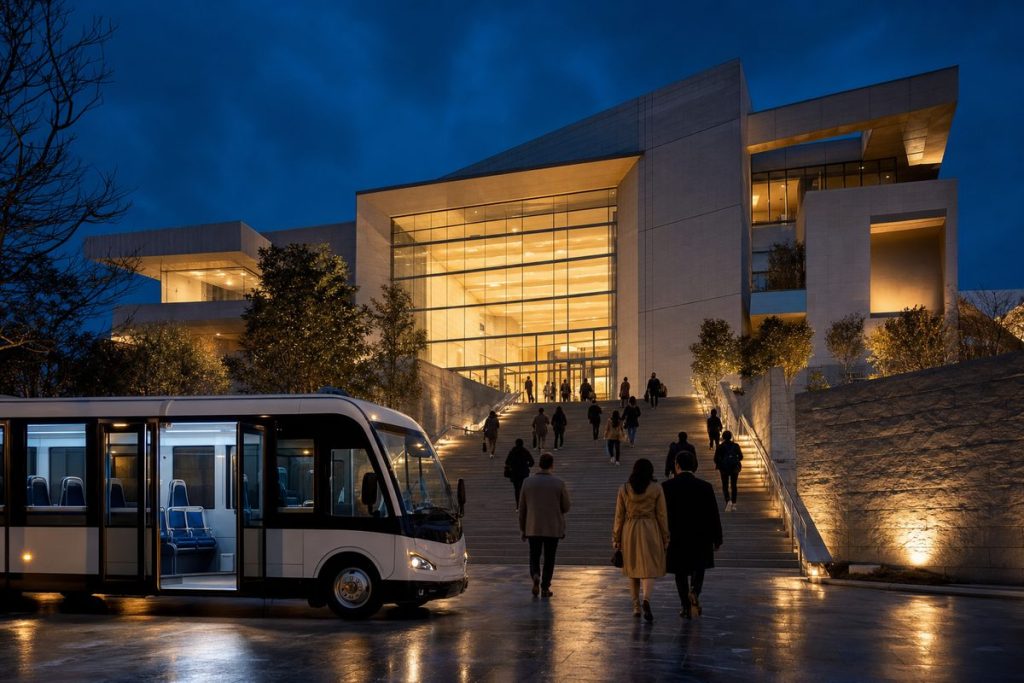 Beleuchtete Museumsfassade bei Nacht mit Menschen auf der Treppe, im Vordergrund ein Shuttlebus mit geöffneten Türen, blaues Abendlicht