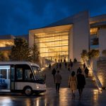 Beleuchtete Museumsfassade bei Nacht mit Menschen auf der Treppe, im Vordergrund ein Shuttlebus mit geöffneten Türen, blaues Abendlicht