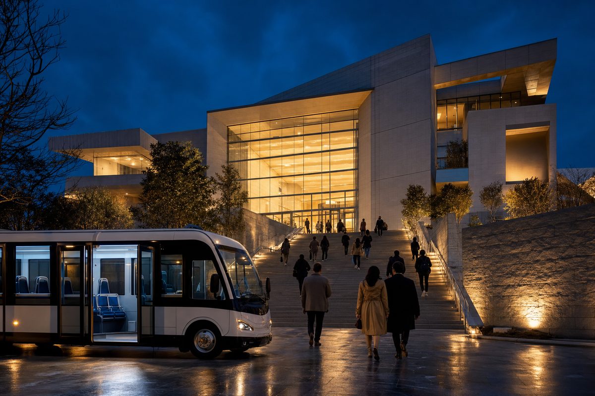 Beleuchtete Museumsfassade bei Nacht mit Menschen auf der Treppe, im Vordergrund ein Shuttlebus mit geöffneten Türen, blaues Abendlicht